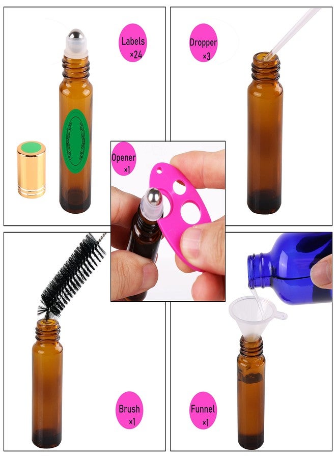 inice 24 Pack Roller Bottles for Essential Oils, Amber Galss 10ml Roll On Bottle with Stainless Steel Roller Balls and Metal Caps - Image 3